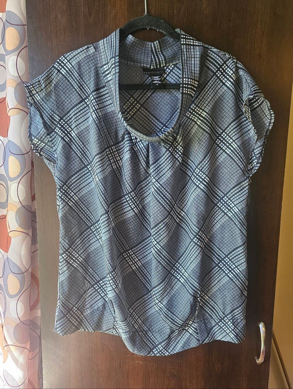 Apostrophe Black and White Sheer Plaid Short Sleeve Women's Top Size Large